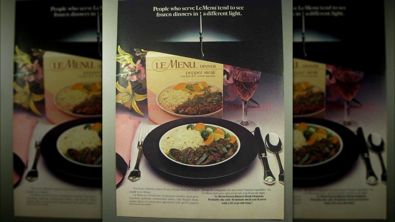 Full-page ad from a magazine for Swanson's Le Menu pepper steak TV dinner