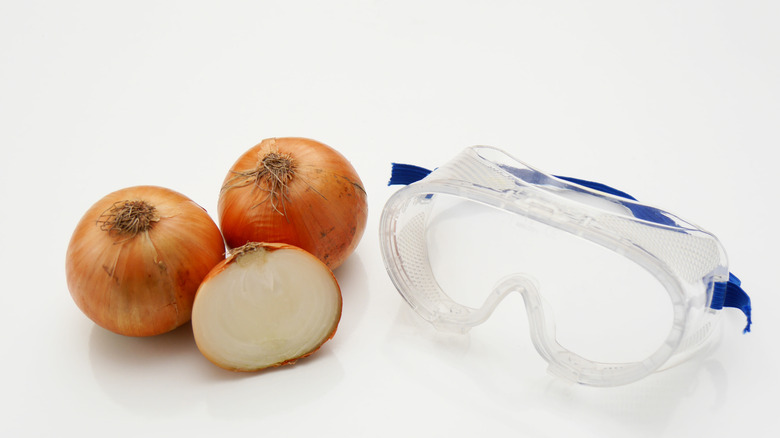 white onions beside a pair of goggles with white background