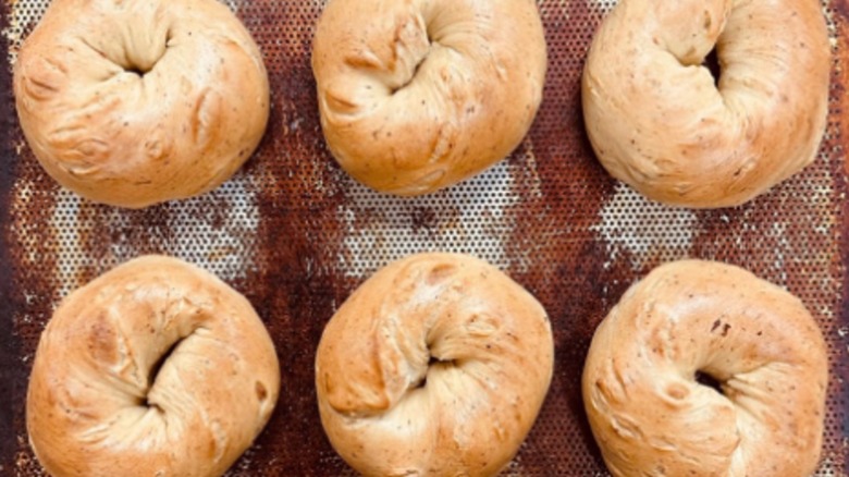 Six bagels on baking tray