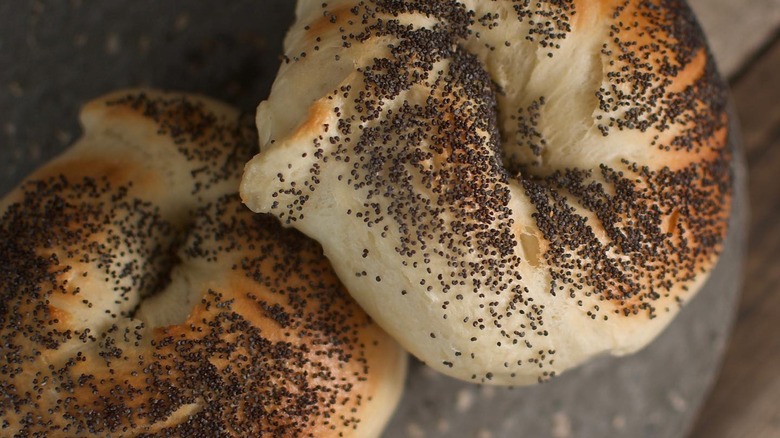 Closeup of two poppy seed bagels