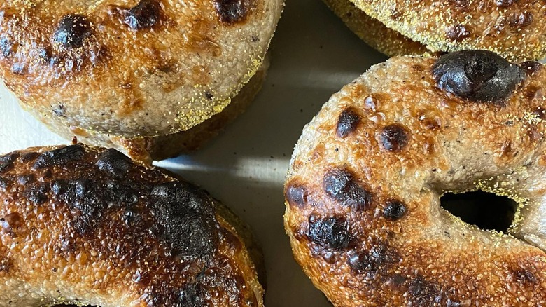 Close-up of char on wood-fired bagels