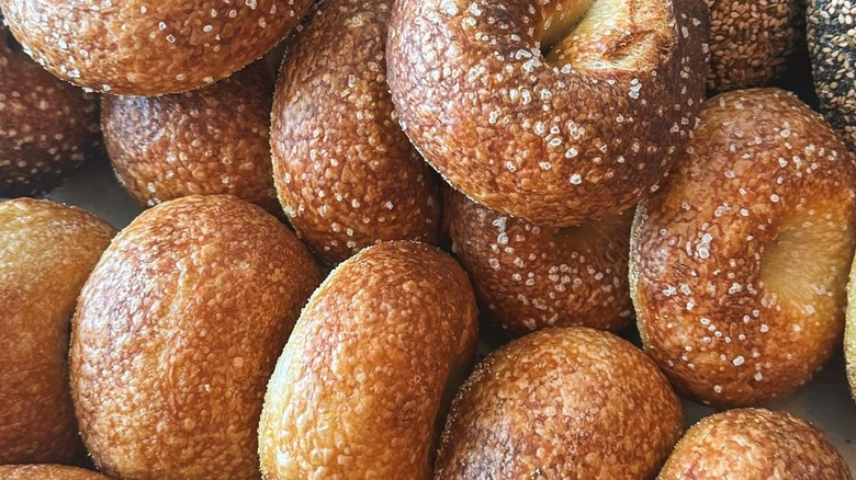 Fresh bagels in a pile