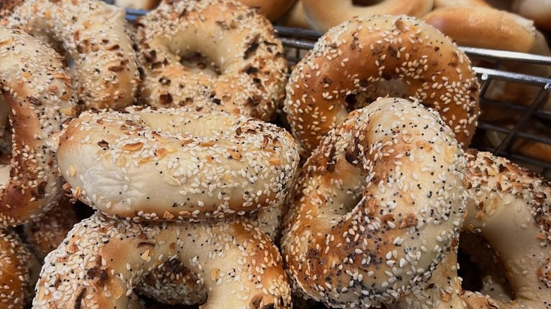 Wood-fired everything bagels in wire bins