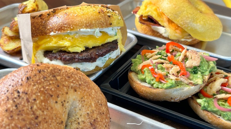 Assortment of bagel sandwiches on trays