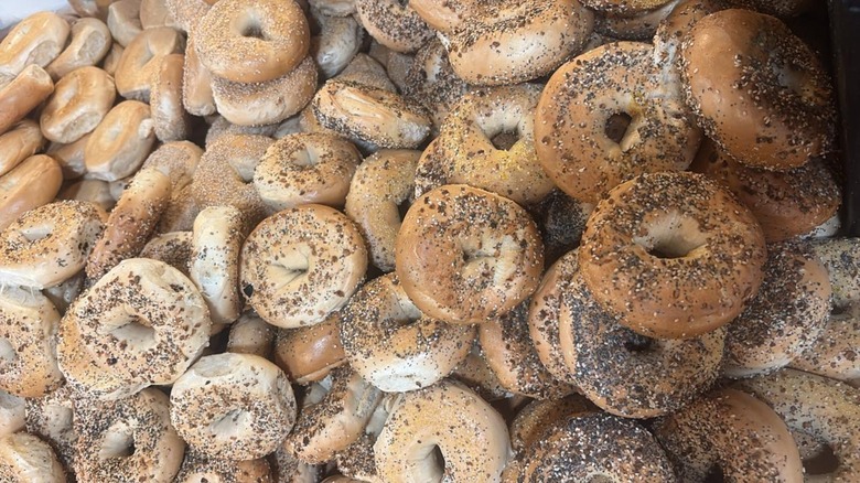 Assortment of bagels in a huge pile