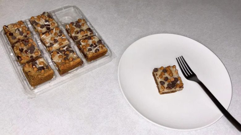 A tray of Aldi 7-layer bars and one on a plate