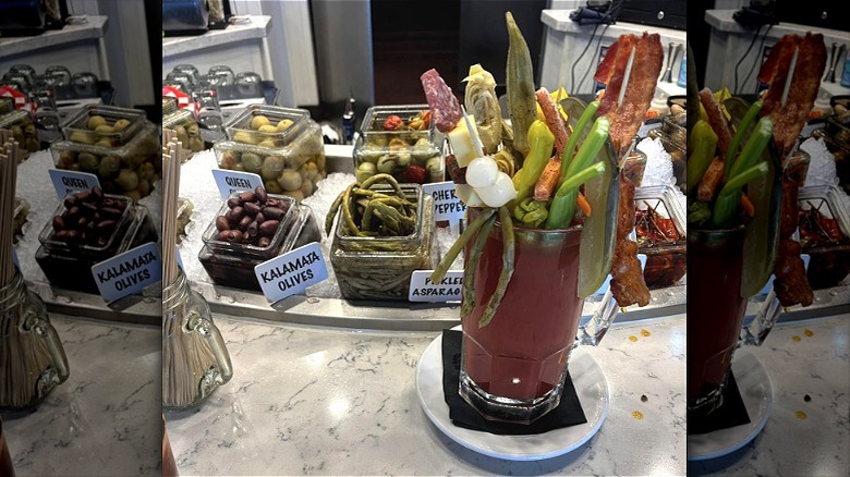 Hash Kitchen Bloody Mary and tray of labeled garnishes