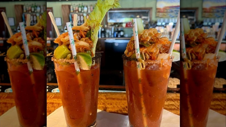 Two Bloody Marys with Kimchi garnish at Nalus Kihei