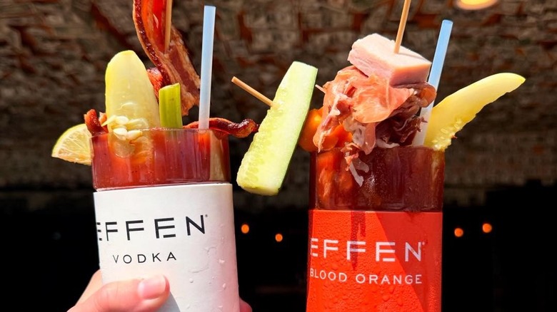 Two Bloody Marys in Effen vodka glasses with garnishes