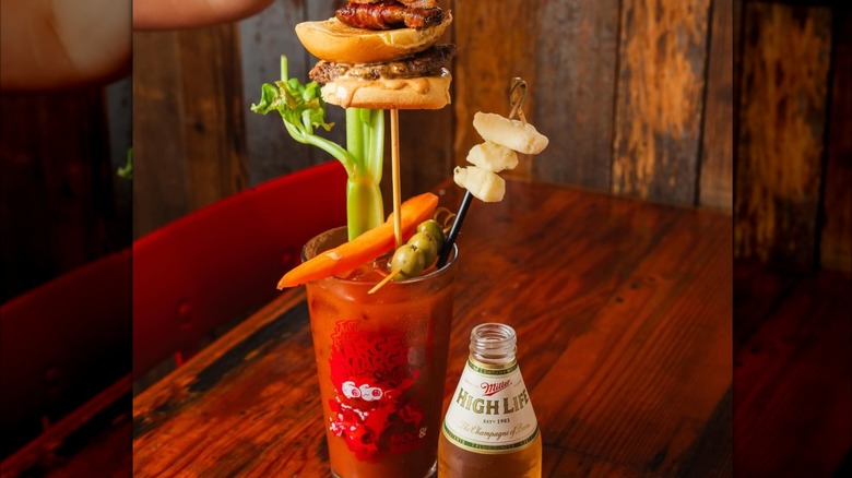 Bloody Mary & beer on table at Moo & Brew Charlotte