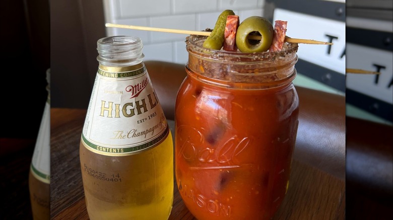 Ball jar Bloody Mary and High Life sidecar at The Pearl