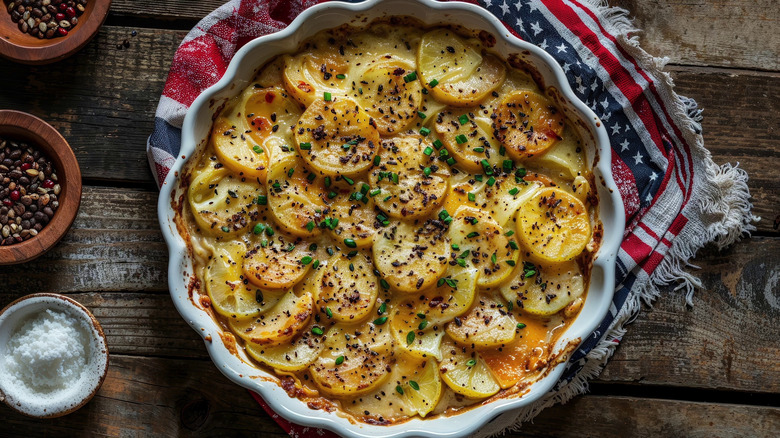 scalloped potatoes in a serving dish