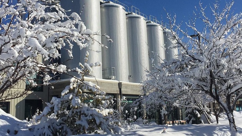 The exterior of the Deschutes brewery in winter