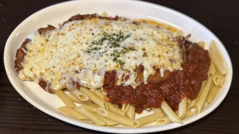 A plate of chicken parm and pasta from The Villa