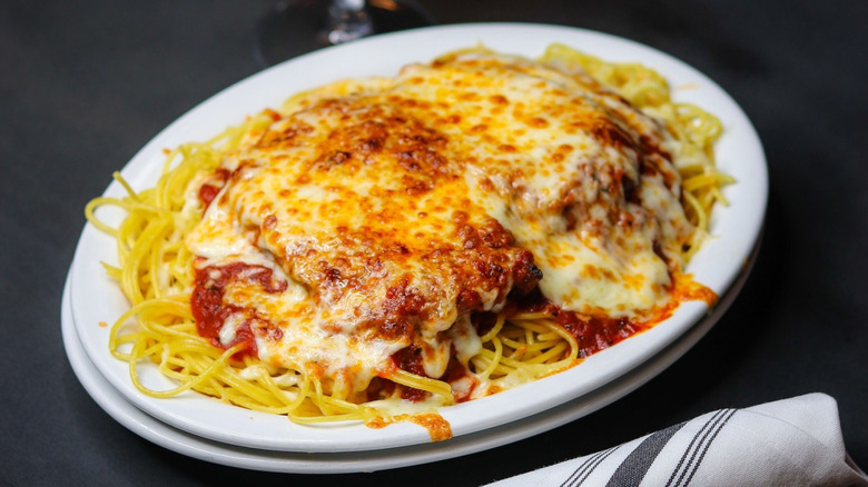 A plate of chicken parm on spaghetti at DeGidio's
