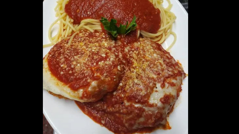 Ballestreri's chicken parm with red sauce and spaghetti