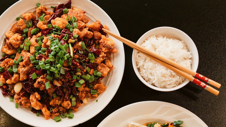 A plate of Sichuan spicy chicken at House of Three Gorges in Austin