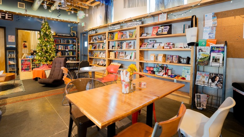 Tables and bookshelves inside The Writer's Block
