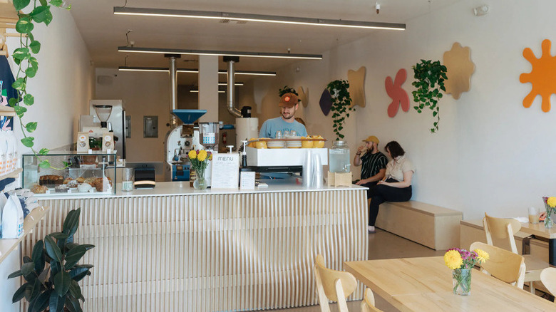 Counter and seating inside WeBe Coffee Roasters