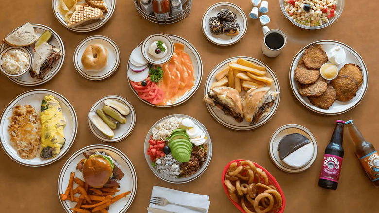 An aerial view of various dishes from Canter's Deli