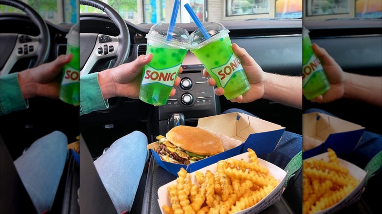 Grillo's pickles and Sonic collaboration meal enjoyed in the car.