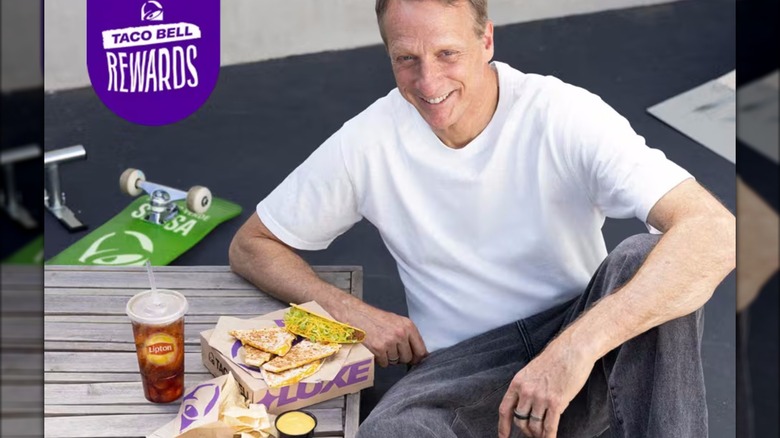 Tony Hawk next to Taco Bell luxe cravings box.