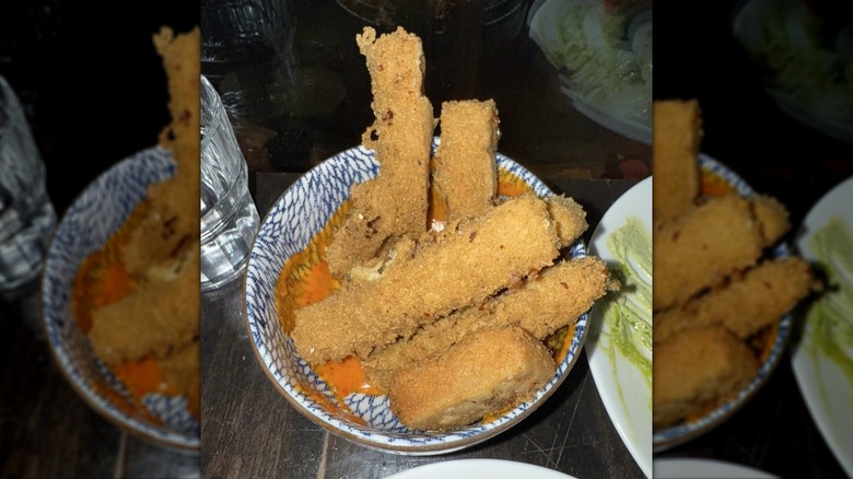 Chickpea fries in a blue and white decorative bowl at Evo Kitchen + Bar