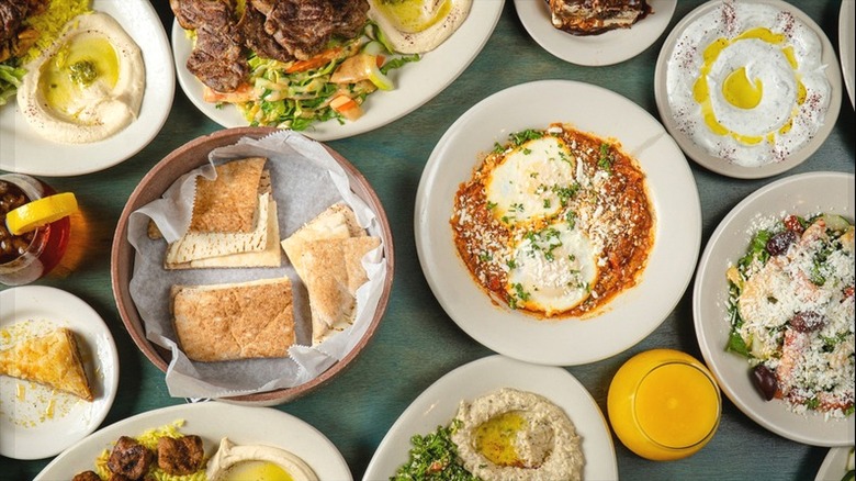 Assorted Mediterranean dishes including shakshuka, lamb, pita, hummus, and other dips from Aladdin Mediterranean Grill