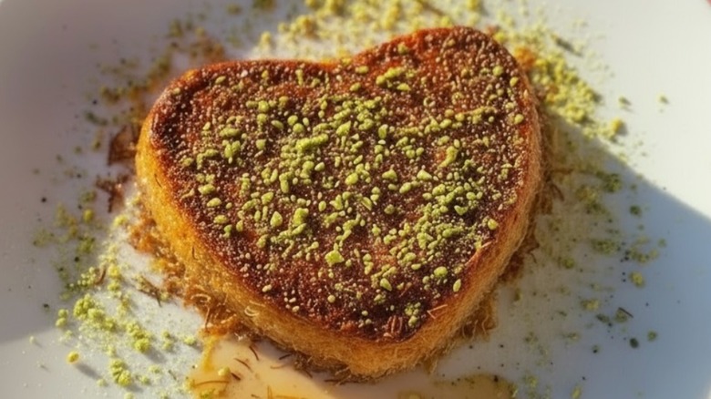 Heart-shaped knafeh dessert on a white plate at Tanoreen Restaurant