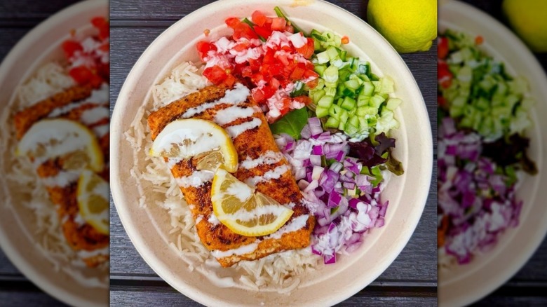 Salmon bowl with rice and veggies at Mediterranean Guys
