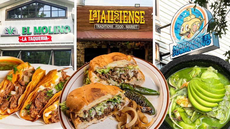 Plates of tacos on a backdrop of restaurants