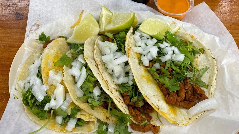 A plate of tacos at Carniceria y Tortilleria San Antonio