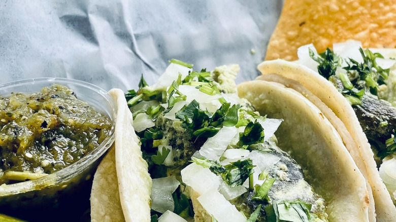 A plate of chicken poblano tacos at Taco Trio