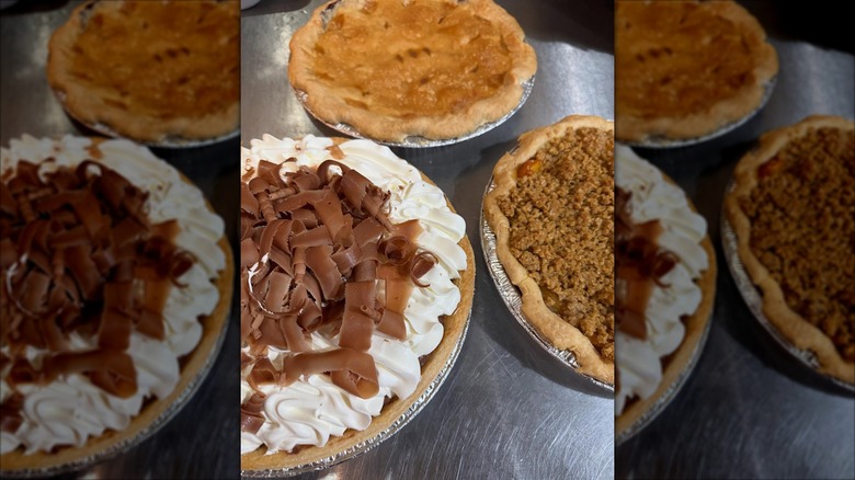 Chocolate Cream, Tripleberry, and Peach Crumb pies