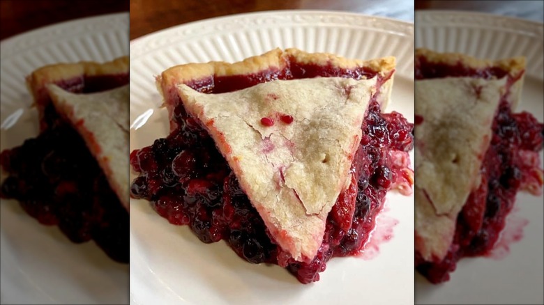 Plated slice of wild blueberry pie