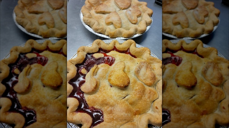 Two whole strawberry rhubarb pies