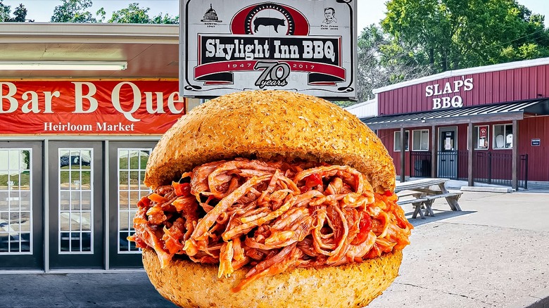 A pulled pork sandwich with coleslaw and barbecue sauce on a plate