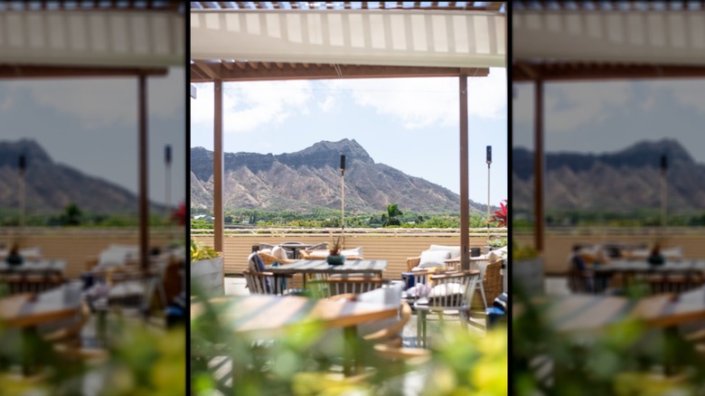 The patio at DECK with Diamond Head in the background