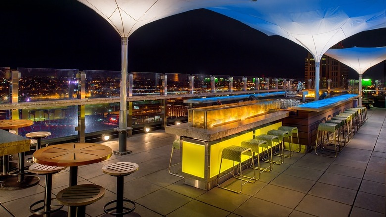 Patio of 360 Rooftop Bar at night