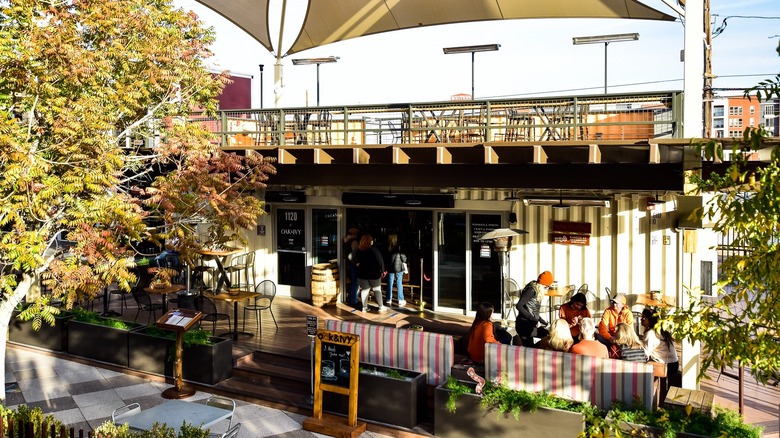 Exterior of Oak & Ivy, including rooftop patio