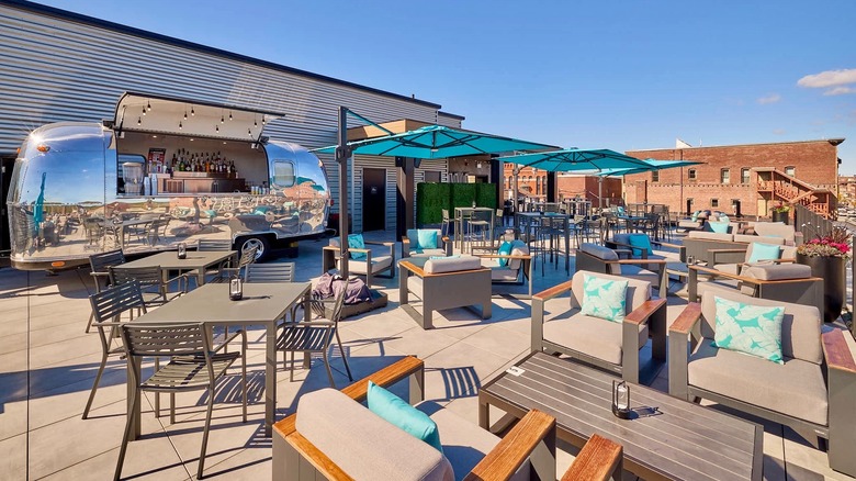 View of the patio and bar at Rooftop Social