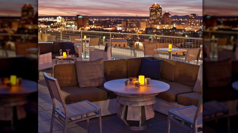 Rooftop patio at Apothecary Lounge at sunset
