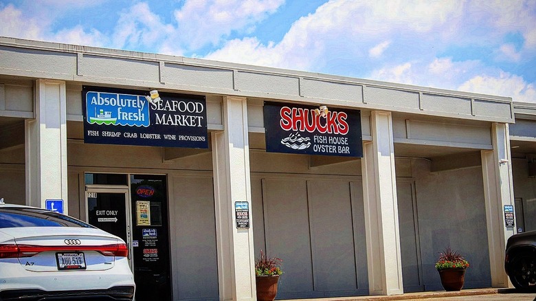 Exterior of the original location of Shucks Fish House and Oyster Bar