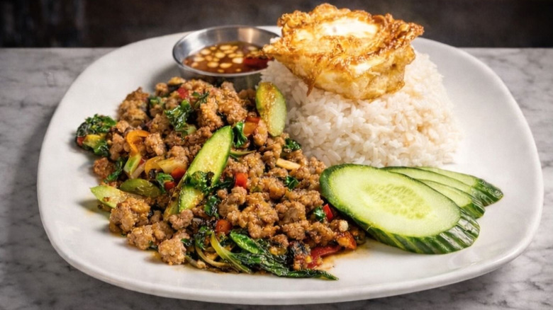 A plate of pad krapow at Street to Kitchen