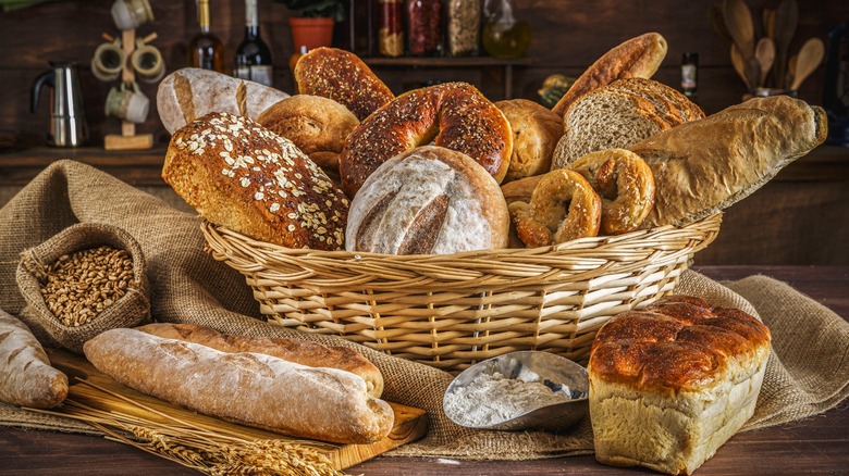 Various types of bakery breads in a basket