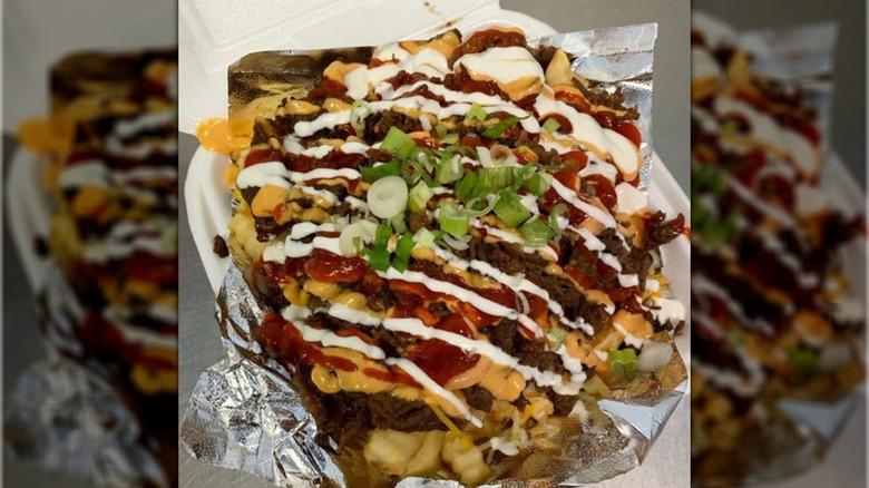 Bulgogi fries from L&L Hawaiian Barbecue in a styrofoam container