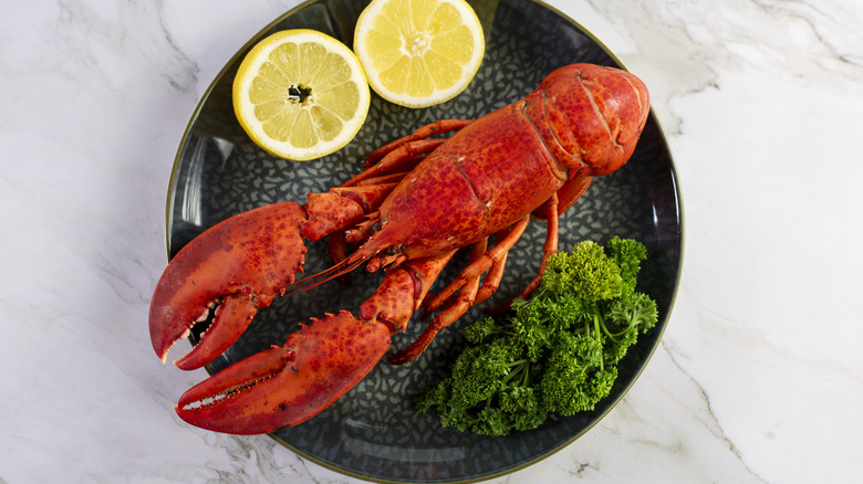 A lobster on a plate beside lemons and greens.