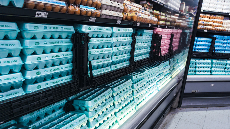 Cartons of eggs on display at a Walmart