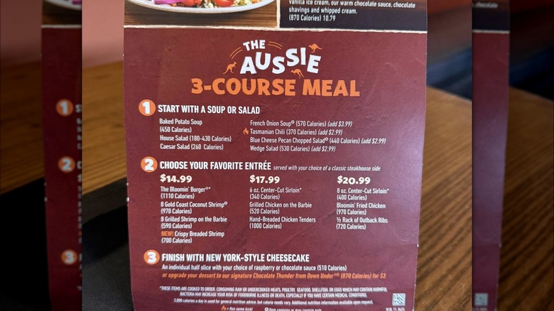 Aussie 3-course meal menu at Outback.