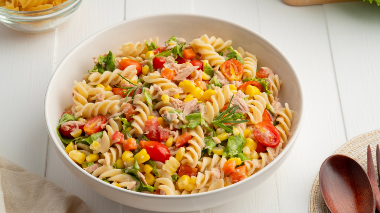 bowl of pasta salad with tuna